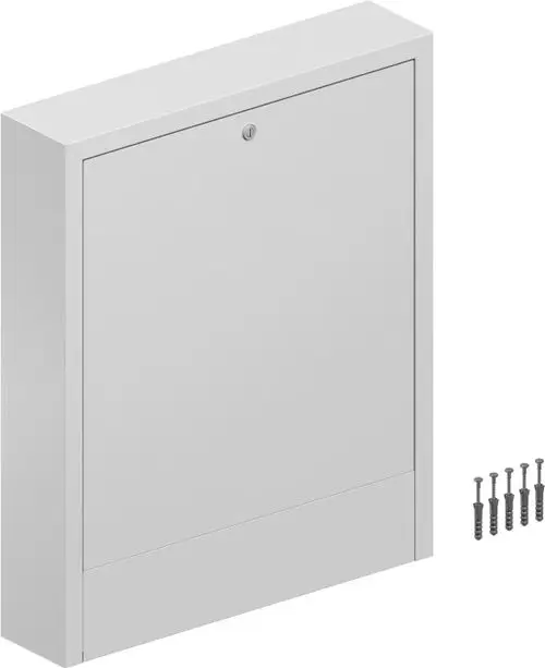 Weißer metallener Verteilerschrank von Uponor, mit schlichter Tür und einem Schlüsselloch, daneben acht Schrauben zur Befestigung.